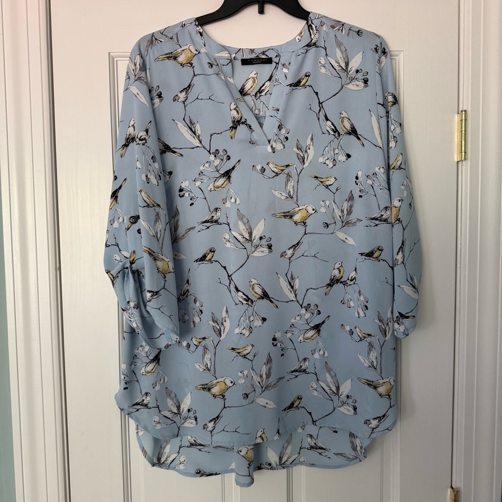 T Tahari Light Blue Bird Pattern Blouse